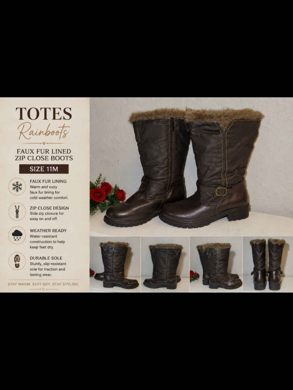 TOTES Rainboots Fuax Fur Lined Zip Close 11M